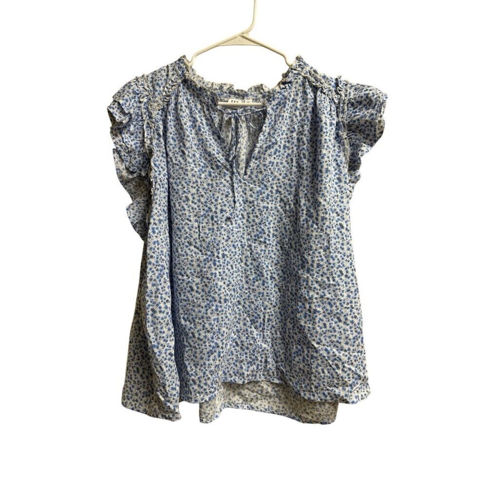 Gap Women’s Blouse XL Blue Floral Ruffle Short Sleeve Cotton Blend
